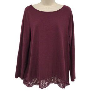 Dip Womens Long Sleeves Crocheted Hem Pullover Burgundy Blouse Top Size Large